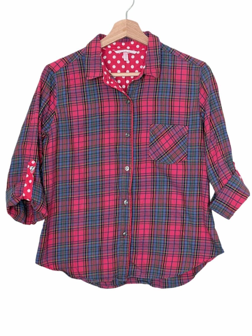 Victoria's Secret Pink and Blue Tartan Plaid Flannel Pajama Shirt Size Medium